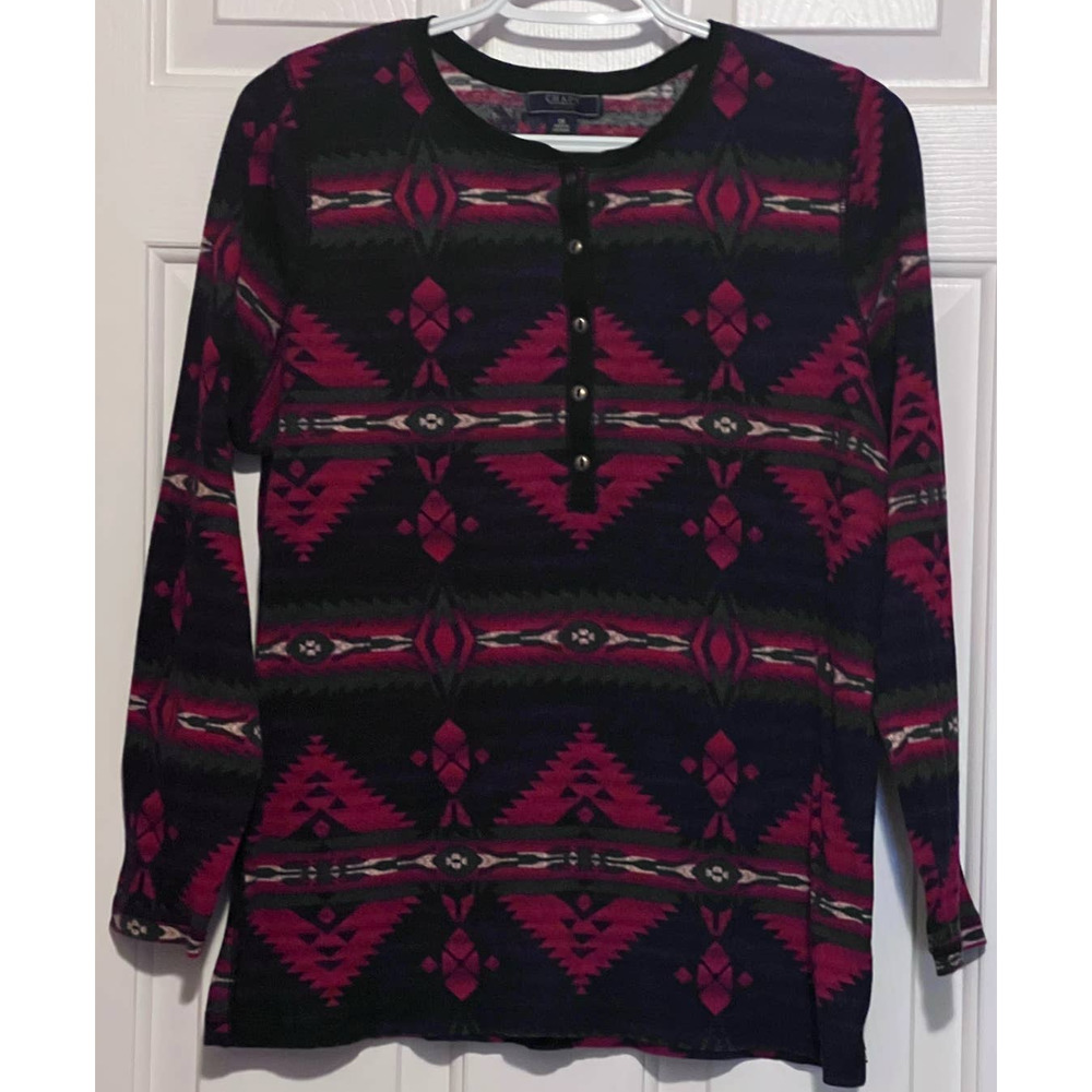 Chaps Denim Women's Red Purple Green Aztec Long Sleeve Pullover Sweater Size 1X